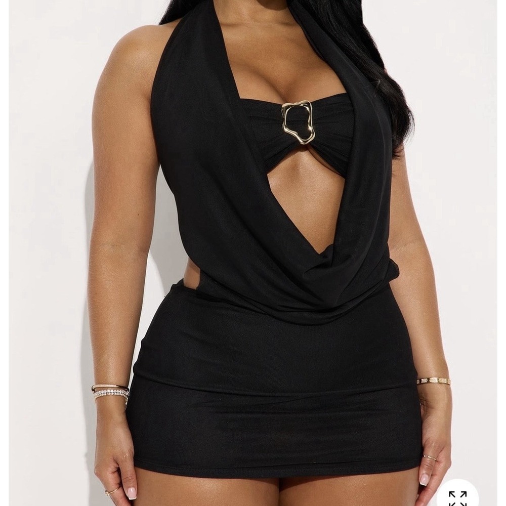 Fashion Nova Black Halter Cut-Out Open Back Buckle Bodycon Mini Dress M